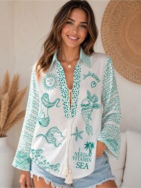White & Teal Graphic Beach Tunic - I Need Vitamin Sea